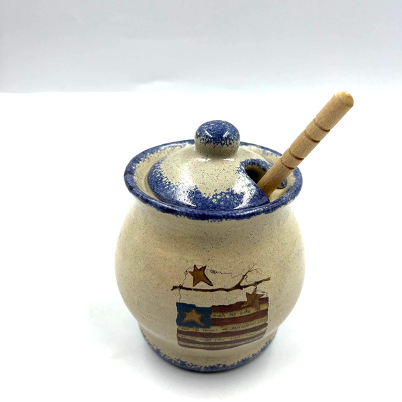 Americana Primitive Honey Jar With Honey Comb Ladle Glazed Ceramic Decor - Picture 3 of 8